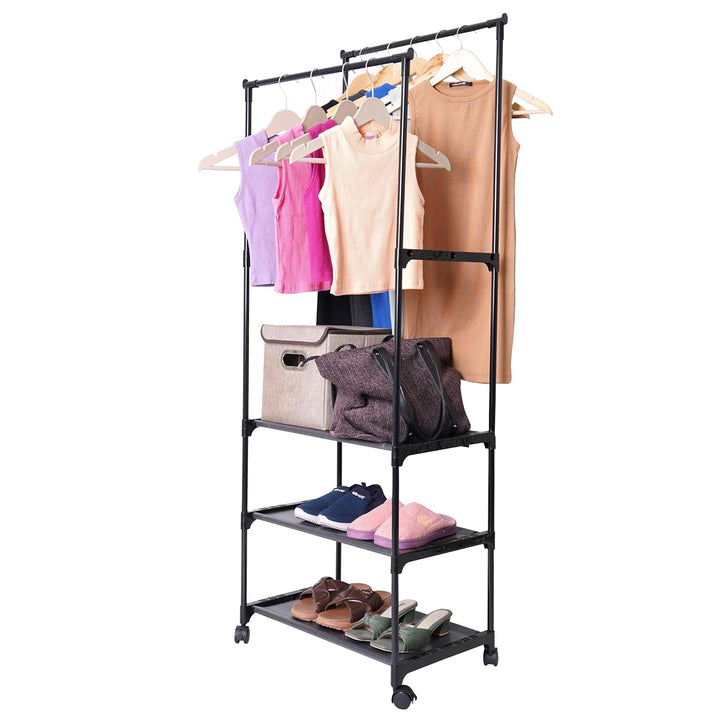 LEOPAX Heavy Duty Garment Rack, Multipurpose Dual Pole Metal Cloth Storage Organizer with 3 Bottom Shelves & Wheels for Bedroom, Hallway & Entryway - Size - (55 x 34 x 153) cm - Black