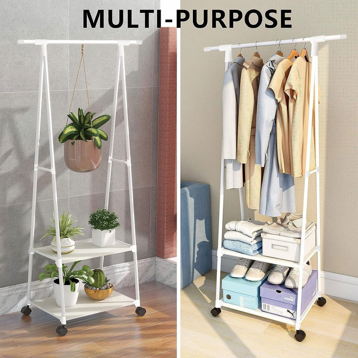 LEOPAX Coat Clothes Rack Stand, Metal Rolling Garment Rack with Shelf & Lockable Wheels-White (160 x 55 x 42cm)