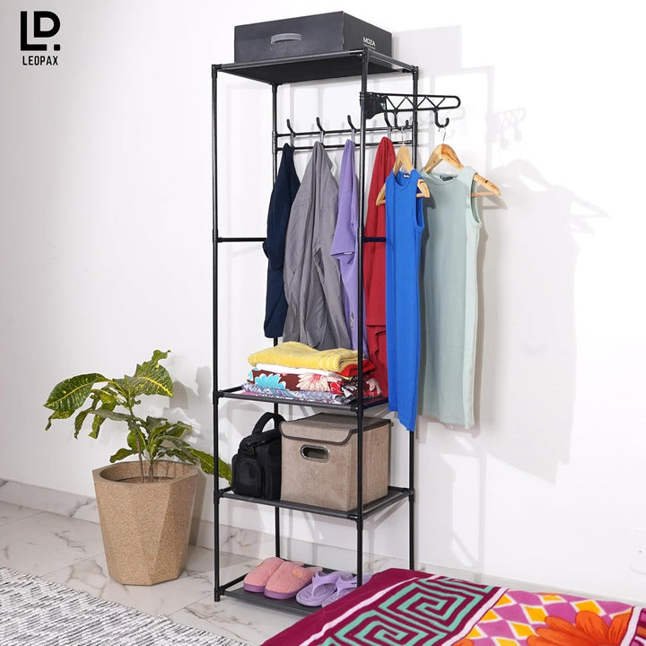 LEOPAX Coat Rack Freestanding Metal Clothes Stand With 10 Hooks & 4 Storage Shelves, Garment Rack Organizer for Bedroom, Hallway, Entryway & Office - Size - (55 x 36 x 171) cm - Black