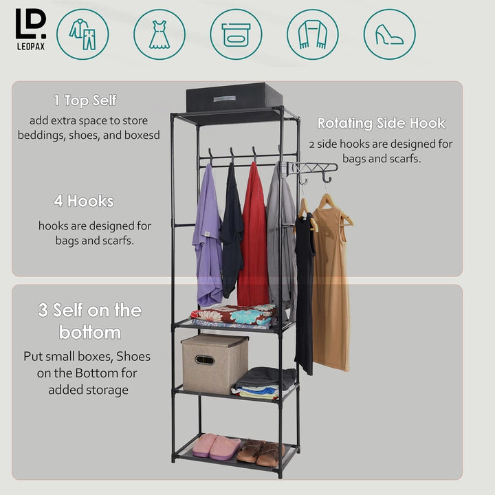 LEOPAX Coat Rack Freestanding Metal Clothes Stand With 10 Hooks & 4 Storage Shelves, Garment Rack Organizer for Bedroom, Hallway, Entryway & Office - Size - (55 x 36 x 171) cm - Black
