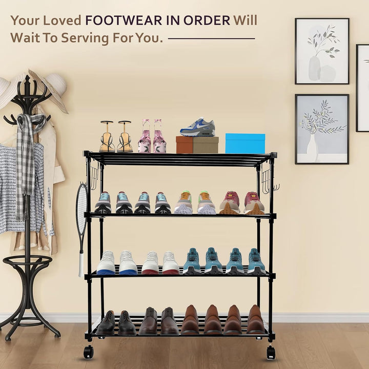 LEOPAX Shoe Rack, Multi Pairs Shoe Storage Organizer, 4 Tiers Shoe Stand, Easy Assembly Stackable Sturdy Shoe Tower with 2 Hooks, Metal Shoe Shelf, Closet, Bedroom - Black (85 x 31 x 83cm)