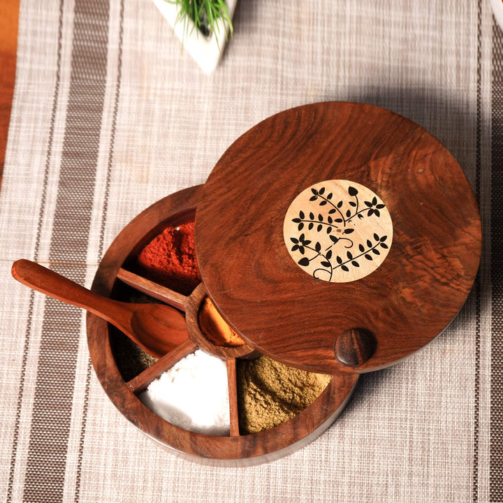 Naayaab Craft Sheesham Wooden Masala Box With Spoon - Spin Round Design - 10 inch