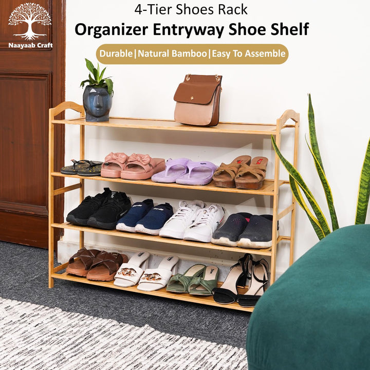 Naayaab Craft Bamboo Shoe Racks 4 Tier Shoes Storage Shelf, Multi-Functional Shoe Storage Organiser Rack, Shoe Tower Shelf for Living Room, Entryway, Hallway - (89 x 23 x 69cm) - Natural