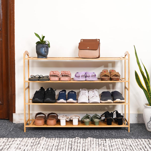 Naayaab Craft Bamboo Shoe Racks 4 Tier Shoes Storage Shelf, Multi-Functional Shoe Storage Organiser Rack, Shoe Tower Shelf for Living Room, Entryway, Hallway - (89 x 23 x 69cm) - Natural