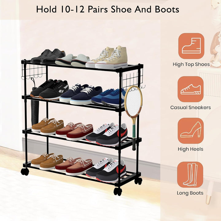 LEOPAX Shoe Rack, Multi Pairs Shoe Storage Organizer, 4 Tiers Shoe Stand, Easy Assembly Stackable Sturdy Shoe Tower with 2 Hooks, Metal Shoe Shelf, Closet, Bedroom - Black (85 x 31 x 83cm)