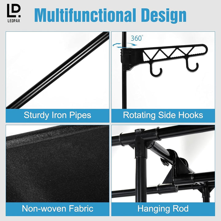 LEOPAX Coat Rack Freestanding Metal Clothes Stand With 10 Hooks & 4 Storage Shelves, Garment Rack Organizer for Bedroom, Hallway, Entryway & Office - Size - (55 x 36 x 171) cm - Black
