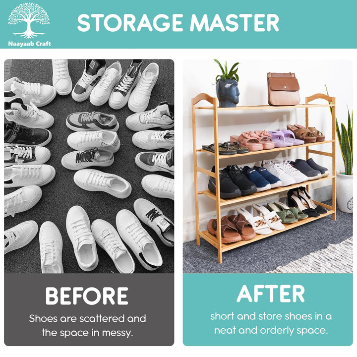 Naayaab Craft Bamboo Shoe Racks 4 Tier Shoes Storage Shelf, Multi-Functional Shoe Storage Organiser Rack, Shoe Tower Shelf for Living Room, Entryway, Hallway - (89 x 23 x 69cm) - Natural