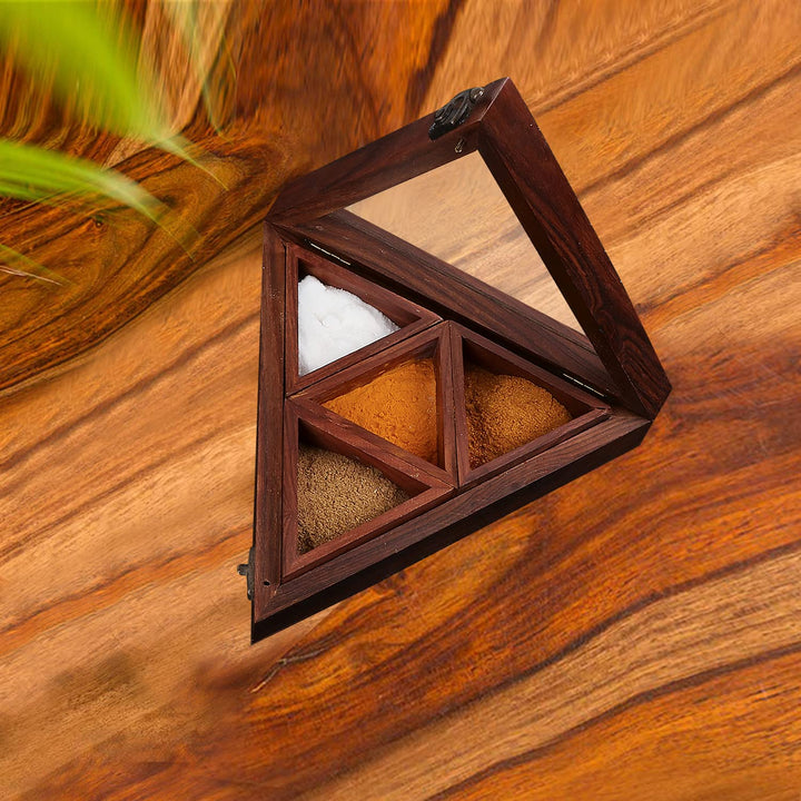 Naayaab Craft Sheesham Wooden Masala Spice Box with Spoon - Anjarai Petti - Spice Box - Triangular Design