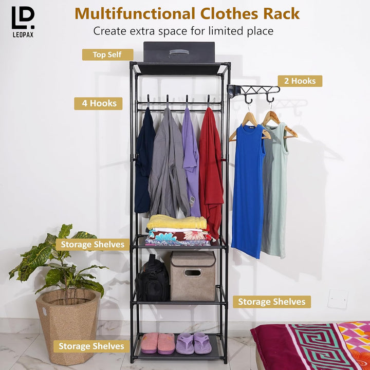 LEOPAX Coat Rack Freestanding Metal Clothes Stand With 10 Hooks & 4 Storage Shelves, Garment Rack Organizer for Bedroom, Hallway, Entryway & Office - Size - (55 x 36 x 171) cm - Black