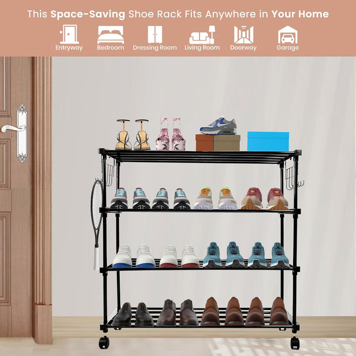 LEOPAX Shoe Rack, Multi Pairs Shoe Storage Organizer, 4 Tiers Shoe Stand, Easy Assembly Stackable Sturdy Shoe Tower with 2 Hooks, Metal Shoe Shelf, Closet, Bedroom - Black (85 x 31 x 83cm)