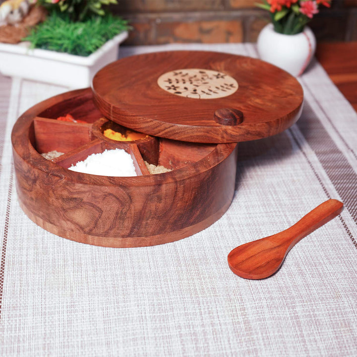 Naayaab Craft Sheesham Wooden Masala Box With Spoon - Spin Round Design - 10 inch
