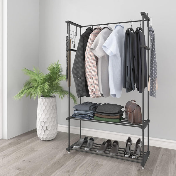 LEOPAX 2-In-1 Metal Garment Rack With Clothes Hanger, 2 Tier Wire Coat Storage Organizers Laundry Holders With 2 Metal Shelves And 10 Side Hook For Home, Garment Rack Black, 30 X 82 X 138 Cm