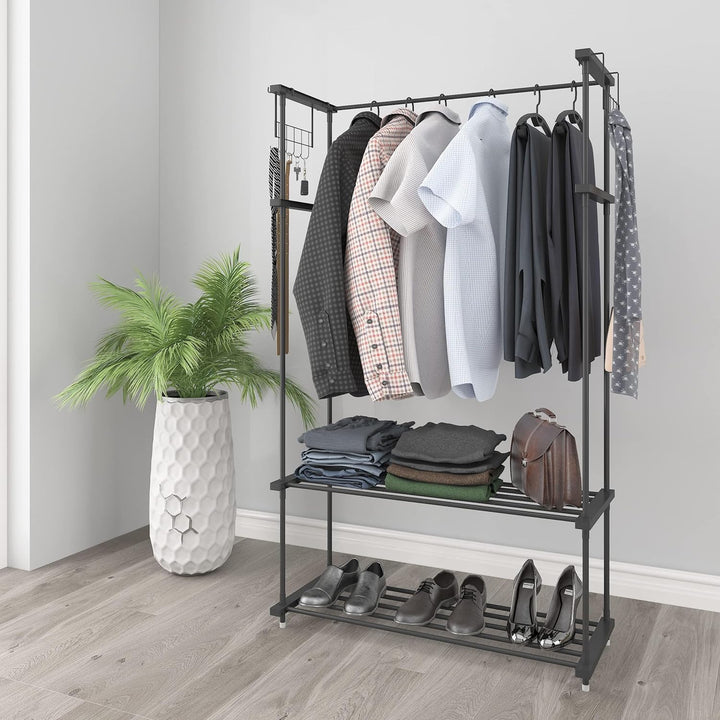 LEOPAX 2-In-1 Metal Garment Rack With Clothes Hanger, 2 Tier Wire Coat Storage Organizers Laundry Holders With 2 Metal Shelves And 10 Side Hook For Home, Garment Rack Black, 30 X 82 X 138 Cm