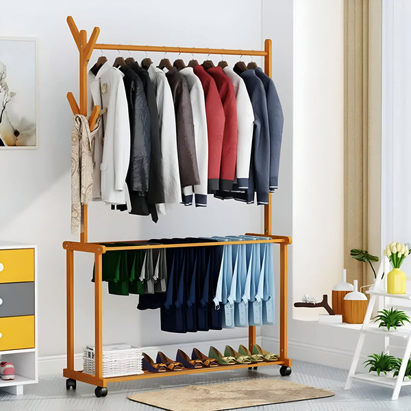 Naayaab Craft Bamboo Rolling Cloth Hanging Rail with 2 Shelves 4 Hooks Size - (100 x 37 x 175cm) Naayaab craft