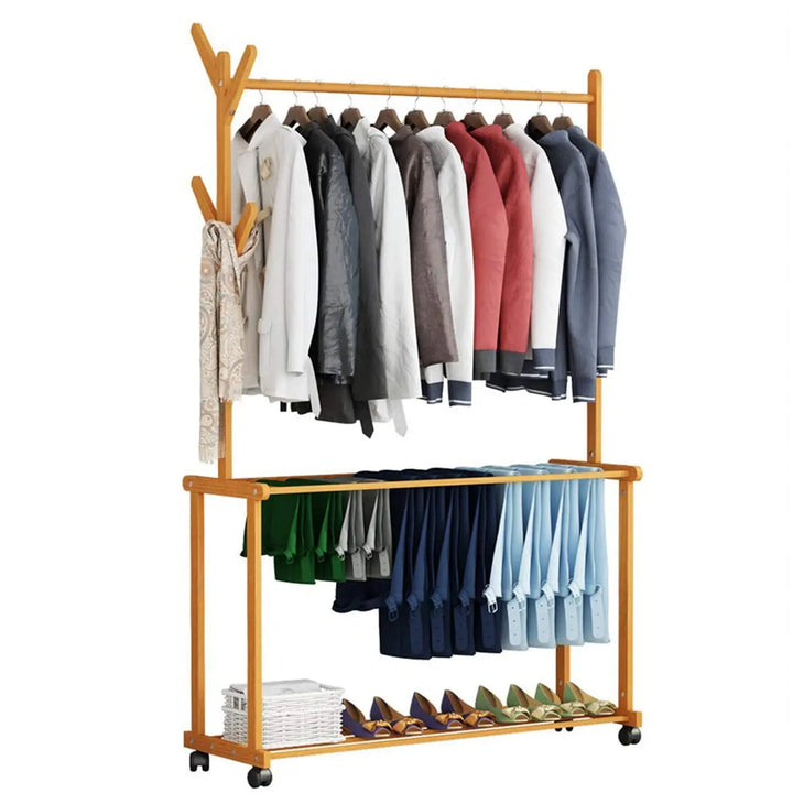 Naayaab Craft Bamboo Rolling Cloth Hanging Rail with 2 Shelves 4 Hooks | Garment Rack for Shoes, Hats and Scarves, in The Hallway, Living Room, Guest Room - Size (100 x 37 x 175cm) Beige