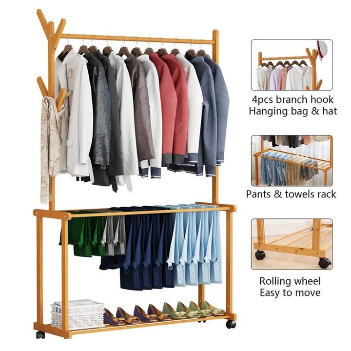 Naayaab Craft Bamboo Rolling Cloth Hanging Rail with 2 Shelves 4 Hooks | Garment Rack for Shoes, Hats and Scarves, in The Hallway, Living Room, Guest Room - Size (100 x 37 x 175cm) Beige